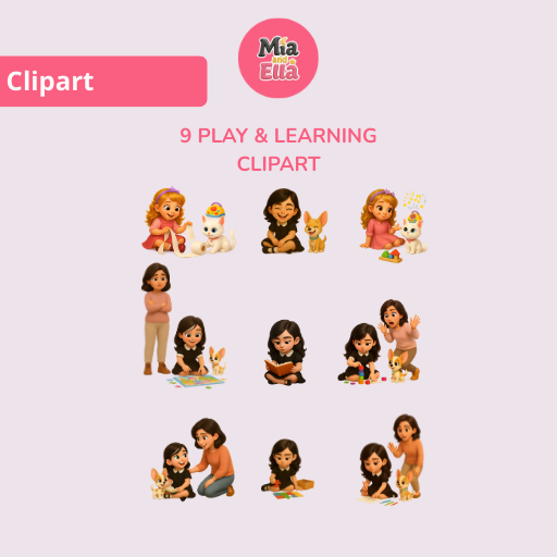 Mia and Ella – Play & Learning Clipart Set (9 PNG Illustrations)